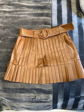 Zara Pleated Faux Leather Mini Skirt with Belt - brown